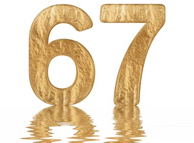 Rakamı 67, altmış yedi, izole beyaz, su yüzeyine yansıyan 3d render