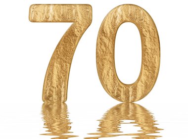 Rakamı 70, yetmiş, su üzerinde yansıyan yüzey, izole üzerinde beyaz, 3d render