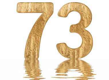 Rakamı 73, yetmiş üç, izole beyaz, su yüzeyine yansıyan 3d render