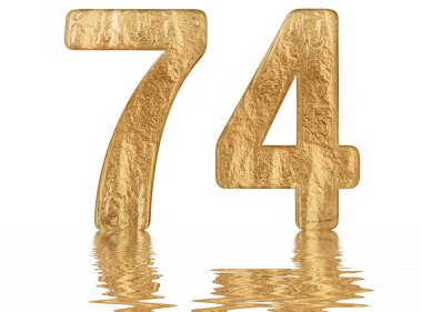 Rakamı 74, yetmiş dört, izole beyaz, su yüzeyine yansıyan 3d render