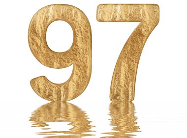 Rakamı 97, doksan yedi, izole beyaz, su yüzeyine yansıyan 3d render