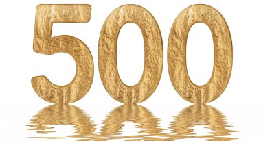Rakamı 500, 500, izole beyaz, su yüzeyine yansıyan 3d render