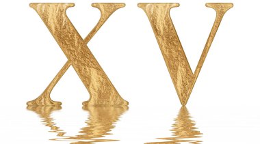 Romen rakamı Xv, quindecim, 15, on beş, su üzerinde yansıyan yüzey, izole üzerinde beyaz, 3d render