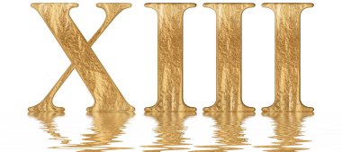 Romen rakamı XIII, tredecim, 13, 13, su üzerinde yansıyan yüzey, izole üzerinde beyaz, 3d render