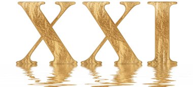 Romen rakamı XXI, unus et viginti, 21, yirmi bir, izole beyaz, su yüzeyine yansıyan 3d render