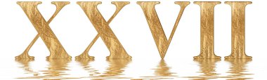 Romen rakamı XXVII, septem et viginti, 27, yirmi yedi, izole beyaz, su yüzeyine yansıyan 3d render
