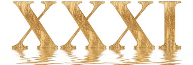 Romen rakamı XXXI, unus et triginta, 31, otuz bir, izole beyaz, su yüzeyine yansıyan 3d render