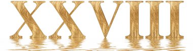 Romen rakamı XXVIII, octo et viginti, 28, yirmi sekiz, izole beyaz, su yüzeyine yansıyan 3d render