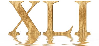 Romen rakamı Xli, unus et quadraginta, 41, kırk bir, izole beyaz, su yüzeyine yansıyan 3d render