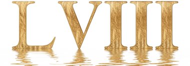 Romen rakamı Lviii, octo et quinquaginta, 58, elli sekiz, izole beyaz, su yüzeyine yansıyan 3d render