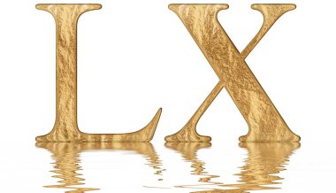 Romen rakamı Lx, sexaginta, 60, altmış, su üzerinde yansıyan yüzey, izole üzerinde beyaz, 3d render