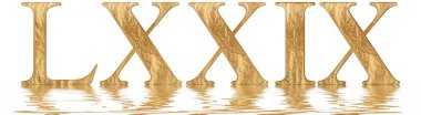 Romen rakamı Lxxix, kimden et septuaginta, 79, yetmiş dokuz, izole beyaz, su yüzeyine yansıyan 3d render