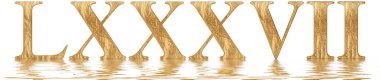 Romen rakamı Lxxxvii, septem et octoginta, 87, seksen yedi, izole beyaz, su yüzeyine yansıyan 3d render