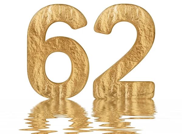 Rakamı 62, altmış iki, izole beyaz, su yüzeyine yansıyan 3d render