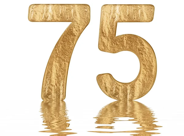 Numeral 75, seventy five, reflected on the water surface, isolated on  white, 3d render