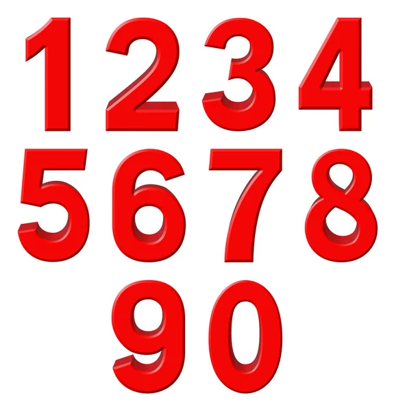 Set Red Arabic Numbers Extrusion Perspective Straight Isolated White Background — Stock Photo, Image
