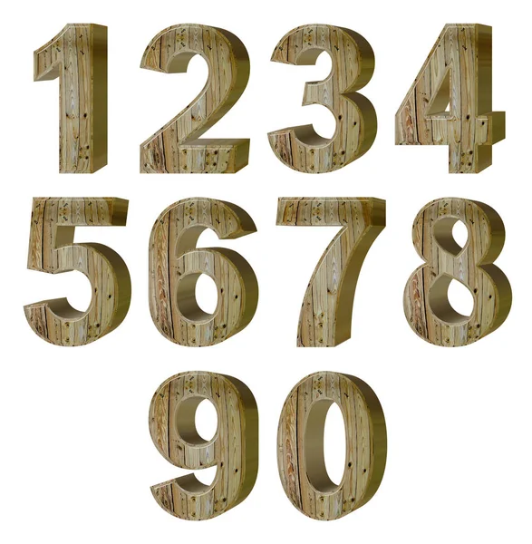 Set of arabic numbers, emitation wood texture, extrusion perspective on right, isolated on white background, 3d illustratio