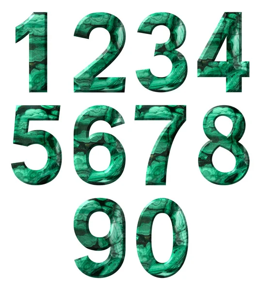Set Numeri Arabi Texture Malachite Naturale Isolato Sfondo Bianco Illustratio — Foto Stock