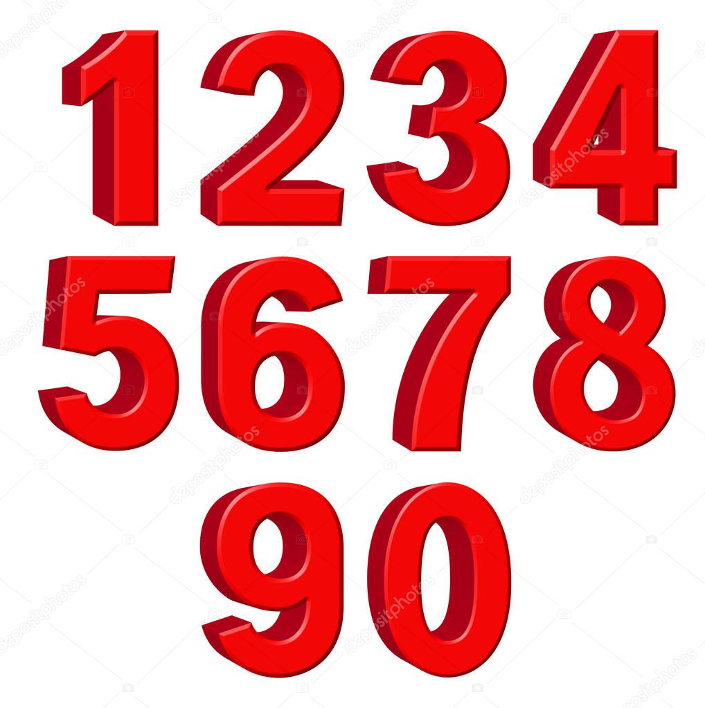 Set of red arabic numbers, extrusion perspective on left, isolated on white background, 3d illustratio