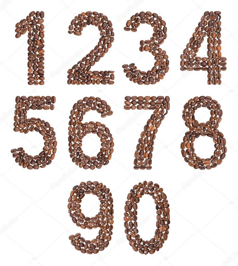 Set of arabic numbers from natural roasted coffee beans, isolated on white background