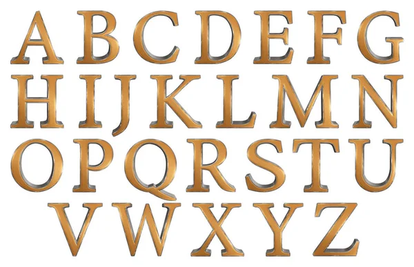 英語のアルファベットの大文字 金の文字し 白い背景 イラストレーション上銀テクスチャ ストレートの押し出し視点で分離 — ストック写真