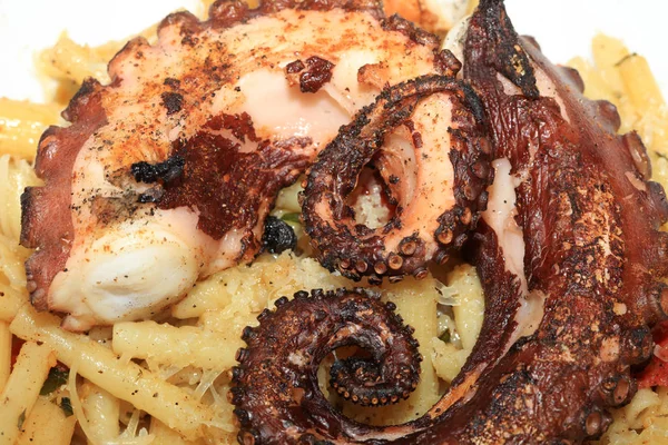 Pasta Italiana Con Pulpo Hervido Una Placa — Foto de Stock