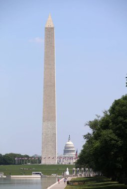 Washington DC, ABD 2 Mayıs 2019: Washington Sütun ve Lincoln Memorial Yansıtma Havuzu ile turistler. Başkent. ABD