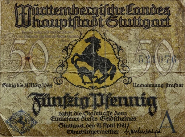 Vintage Niemiecki Pfennig Papier Pieniądze Stuttgartu Wydany 1921 Roku — Zdjęcie stockowe