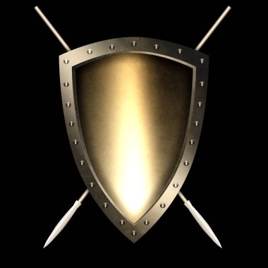 Eski perçinli kalkan iki mızraklarla. Siyah arka plan üzerine izole.