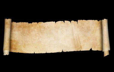 Siyah arkaplanda yırtık kenarlı eski parşömen parşömeni.