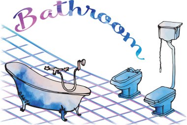 banyo banyo bacaklar antika, tuvalet yükseltilmiş sarnıç ve bide, zemin döşemesinin, sulu boya lekeleri ile vektör içinde dikkatsizce boyalı kartpostal vintage, izole yazılı Bathroo çizilmiş