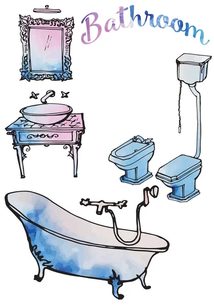 トイレ ミラー 洗面浴室 黒いベクター線と水彩スポット 不注意なスケッチのため古典的な豊富な豪華な白背景 お風呂 洗面台 — ストックベクタ
