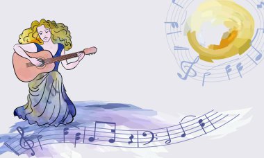 notaların arka planda bir gitar ile romantik kız