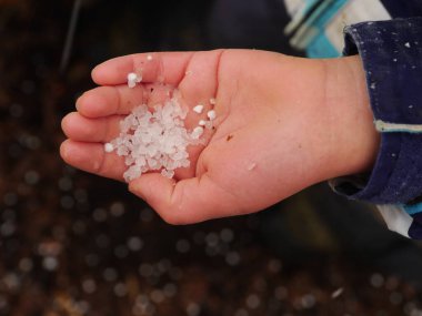 Hand holding a handful of salt. The salt is white and the hand is blue. Concept of calmness and simplicity