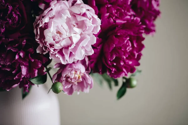 Koyu pembe peonies bir vazo içinde. Natürmort. Kahverengi zemin