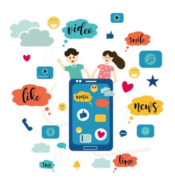 Düz çizgi film tarzı, vektör renkli resimde. Arkadaşlar Internet, iletişim, sosyal ağlar, sohbet, video, haber, dating, iletileri, Web sitesi, kavramı aracılığıyla iletişim arama.