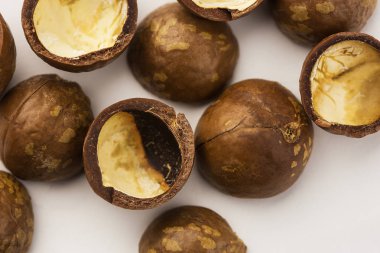 Beyaz arkaplanda izole edilmiş, yakın plan Macadamia cevizleri kabuğu.