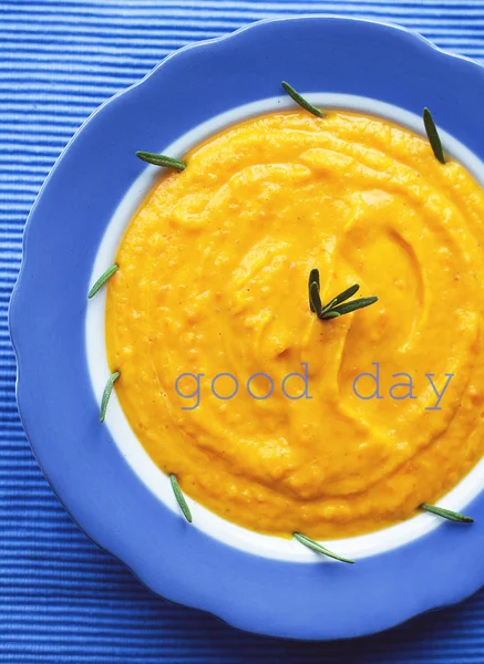 Pumpkin Cream Soup Blue Plate Blue Napkin Inscription Good Day — Stock Photo, Image