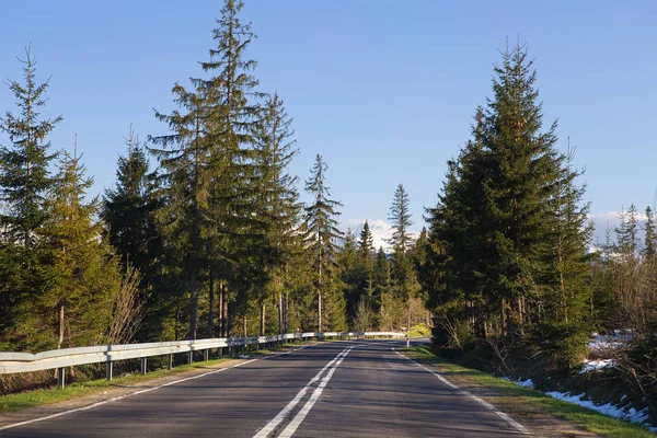 Travelling by car. The track in the mountains through the forest. Polish Tatras. — Stock Photo, Image