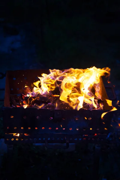 Spalování dříví na oheň v grilu, příprava na smažení masa, uzavření — Stock fotografie