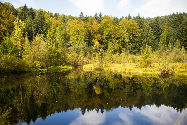 Very beautiful autumn panoramas of the Carpathians Ukraine-lake, forest — Stock Photo, Image