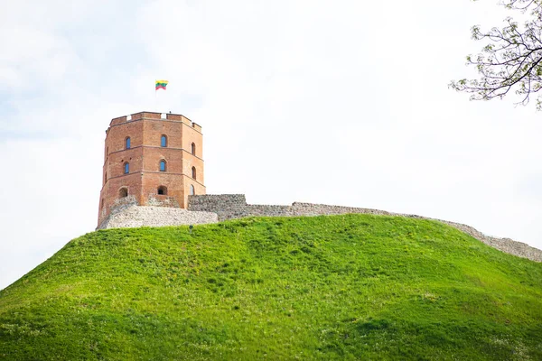 Yeşil bir tepe üzerinde kale manzarası. Vilnius Litvanya başkentidir — Stok fotoğraf