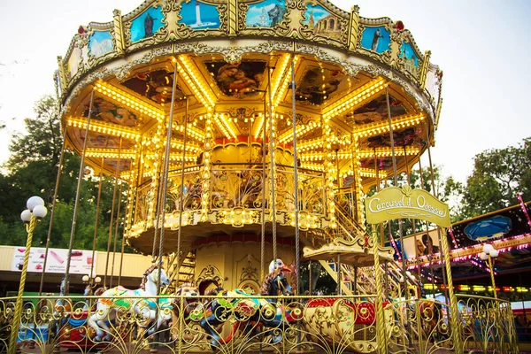 Hermosas luces de carrusel en diferentes luces. Alegría verano — Foto de Stock