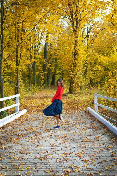 Bellissimo Parco Autunno Oro Ragazza Sta Girando Sulla Pista Vicino — Foto Stock