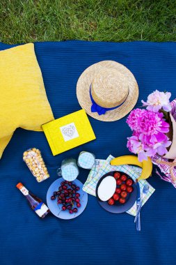 Çimenlerin üzerinde Parkta piknik: masa örtüsü, sepet, sağlıklı yiyecek ve aksesuarları, üstten görünüm