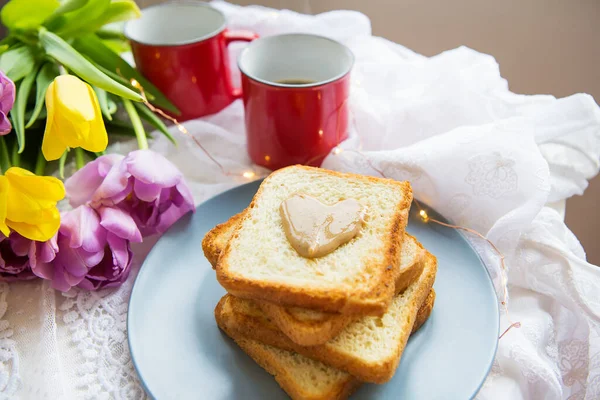 Homemade Breakfast Bed Toast Peanut Butter Cup Coffee Tulips Good — Stock Photo, Image