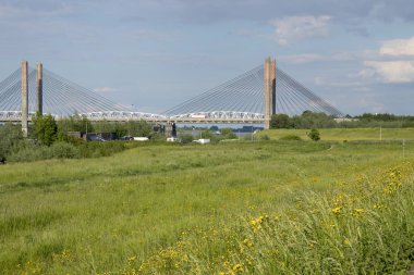 Netherlands,Holland,Dutch,Gelderland, Bommelerwaard,Zaltbommel,july 2017: Cable-stayed Martinus Nijhoff bridge over river Waal