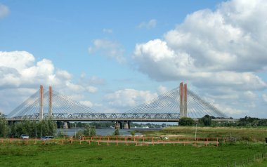 Netherlands,Holland,Dutch,Gelderland, Bommelerwaard,Zaltbommel,july 2017: Cable-stayed Martinus Nijhoff bridge over river Waal