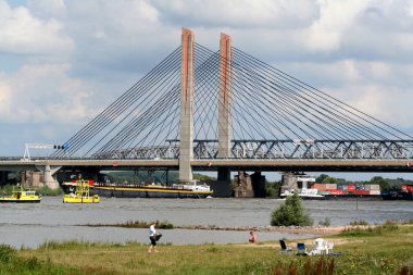 Netherlands,Holland,Dutch,Gelderland, Bommelerwaard,Zaltbommel,july 2017: Cable-stayed Martinus Nijhoff bridge over river Waal