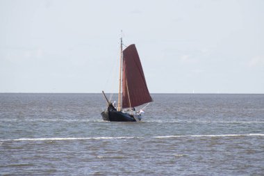 Hollanda, Friesland, Afsluitdijk, Ijsselmeer, bir yelkenli gemi 